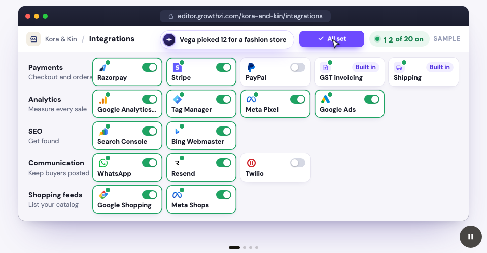 Payments, shipping and analytics switching on