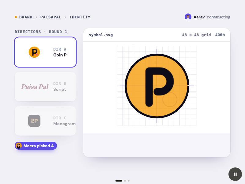 A wordmark, palette and type scale being resolved