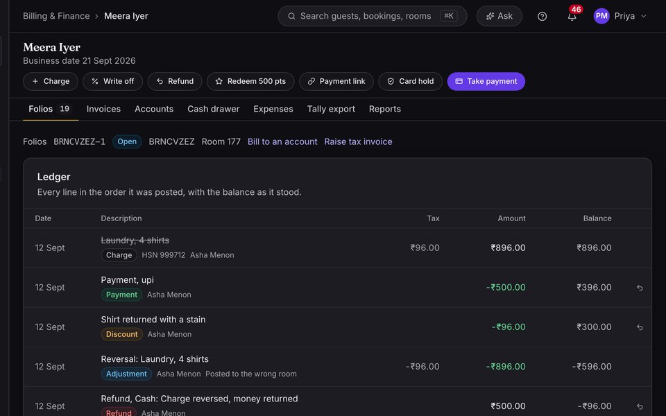A customer folio in Growthzi, every charge, payment, discount and refund posted against a running balance