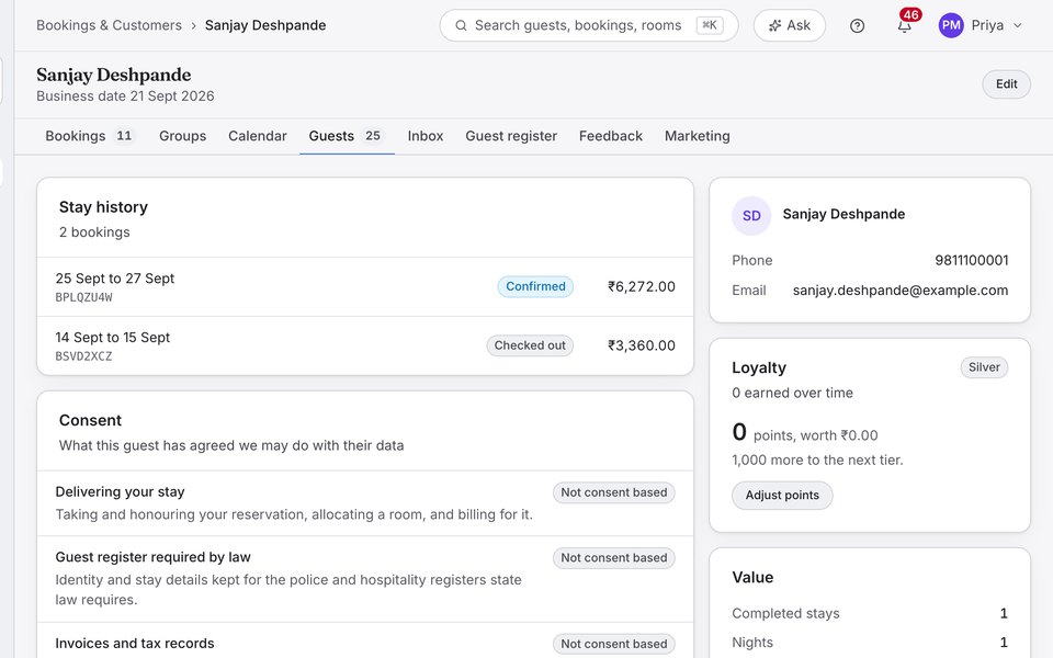 A customer record in Growthzi, with visit history, contact details, loyalty and consent