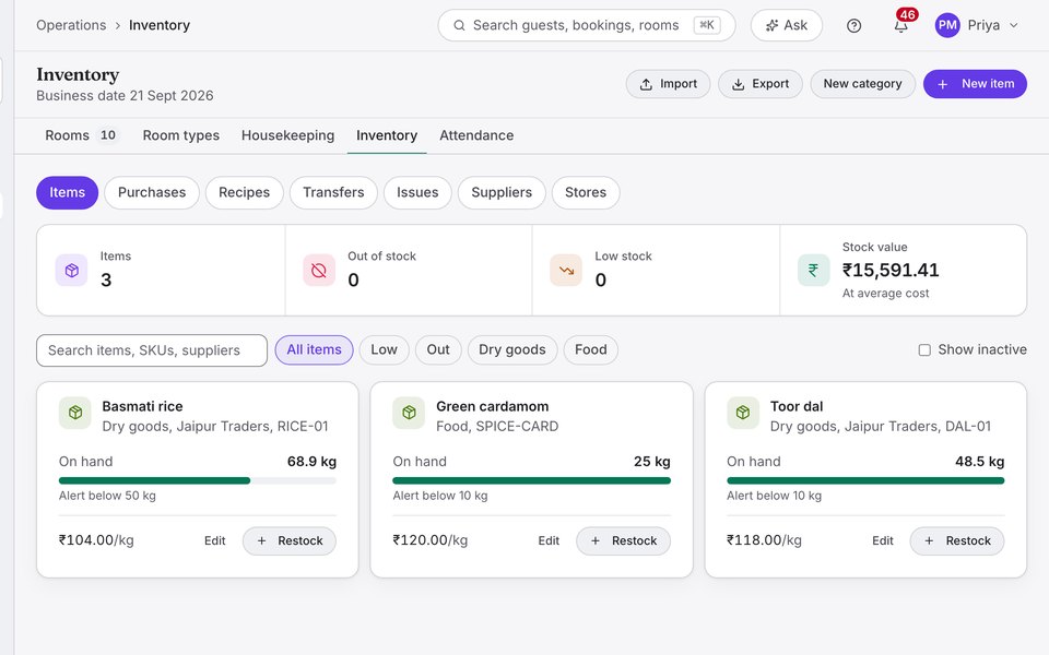 Stock in Growthzi, items with supplier, quantity on hand against reorder level and stock value