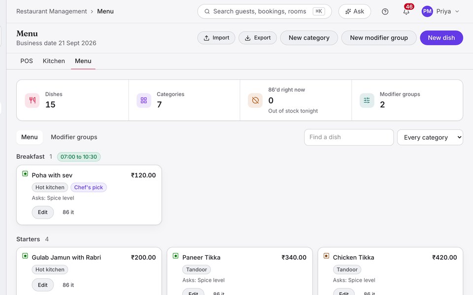 Menu management in Growthzi, dishes by category with price, prep station and modifier groups
